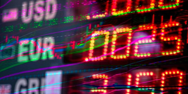 Vibrant stock market display showing exchange rates for USD, EUR, and GBP. Perfect for finance themes.